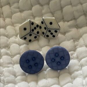 Blue and White Dice and Button pierced earring set